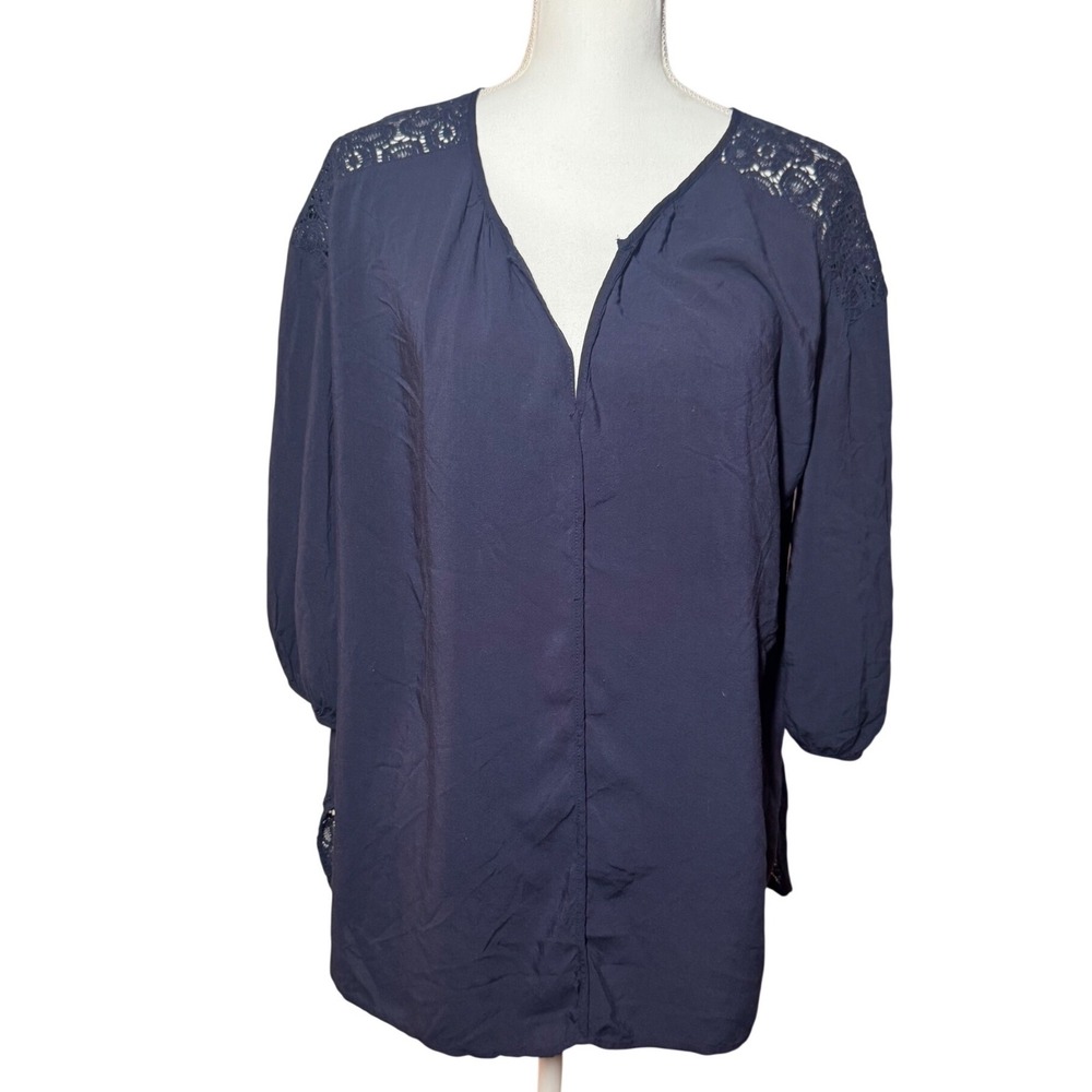 Stylus Lace Trim V-Neck Tunic XL Navy Blue Excellent Boho Crochet High Low Top